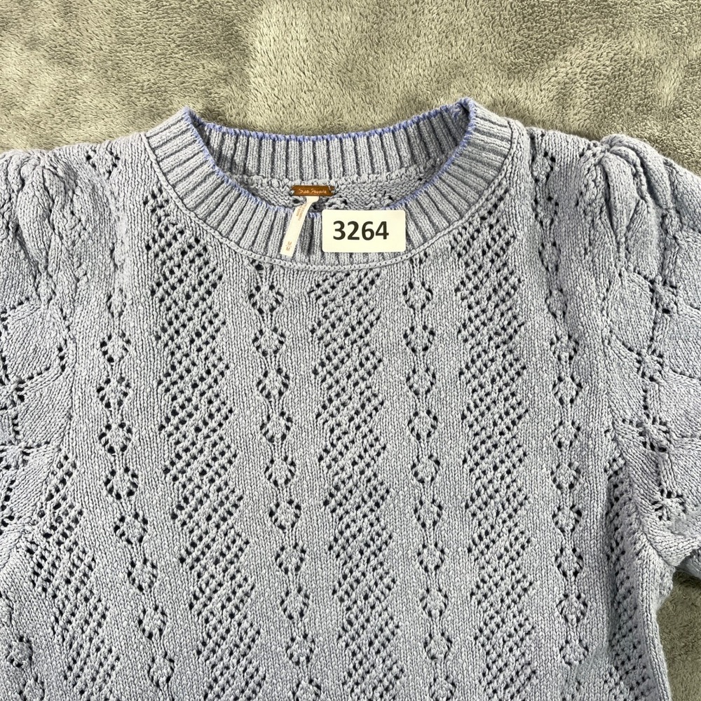 Free People Sweater Womens Medium Blue Short Sleeve Pointelle Puff Shoulder Knit